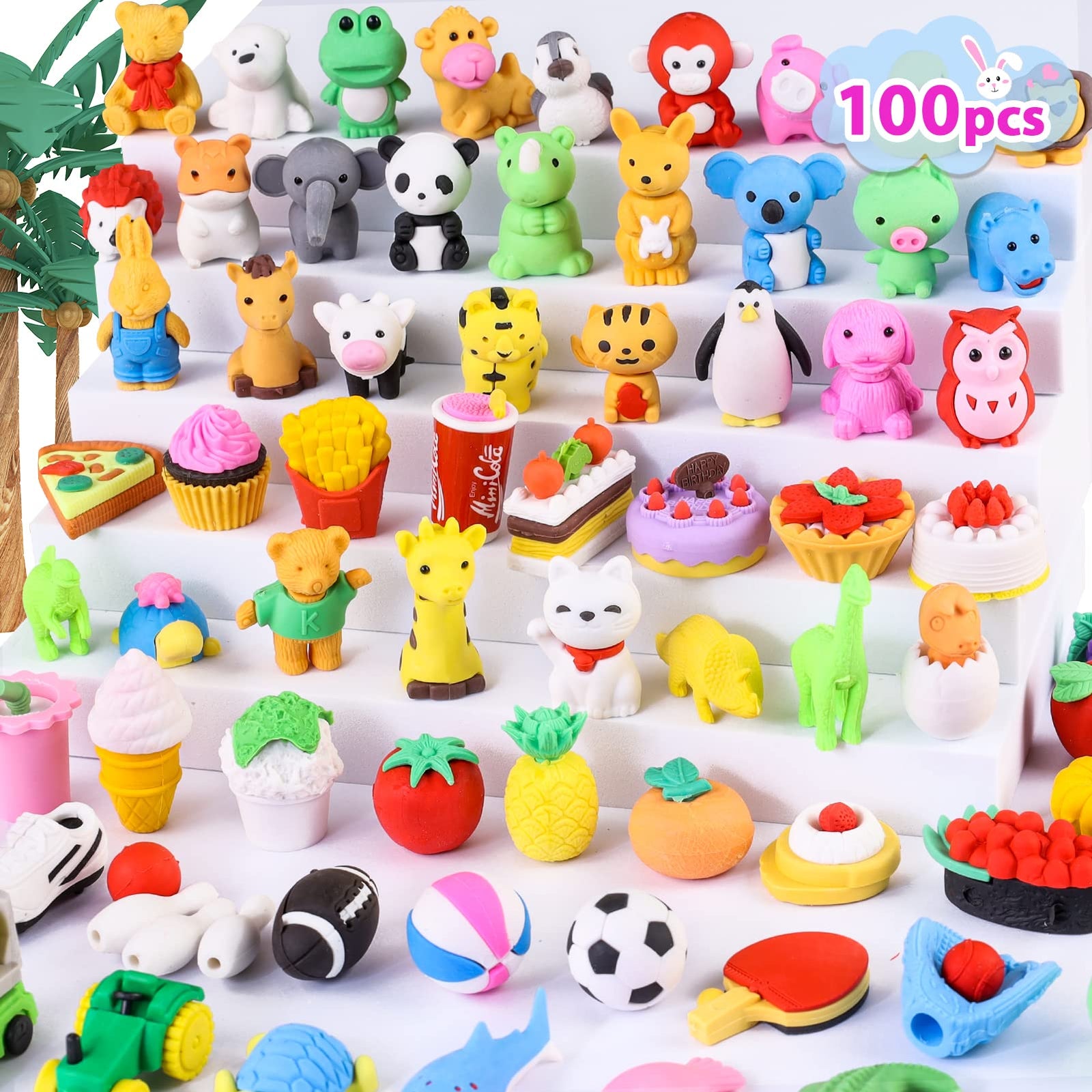 100 Pieces Different Shapes Cartoon Erasers for Kids