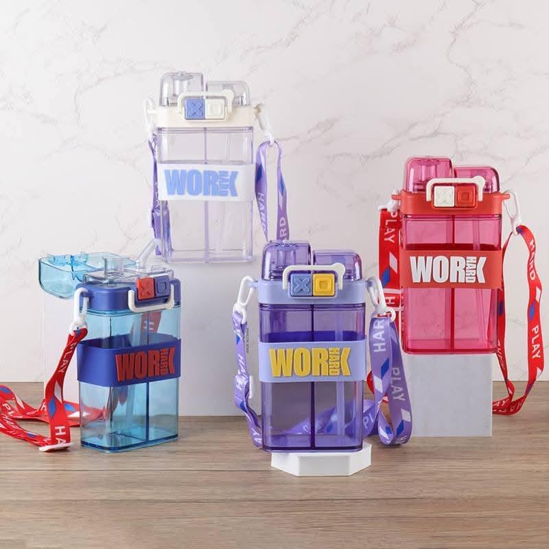2 In 1 Double Drinking Water Bottle – 500ml Square Bottle with Strap & Silicone Straw