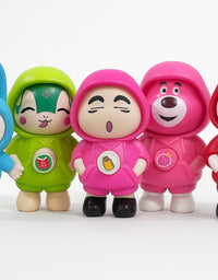 Five colorful cartoon character figurines with different designs on a white background
