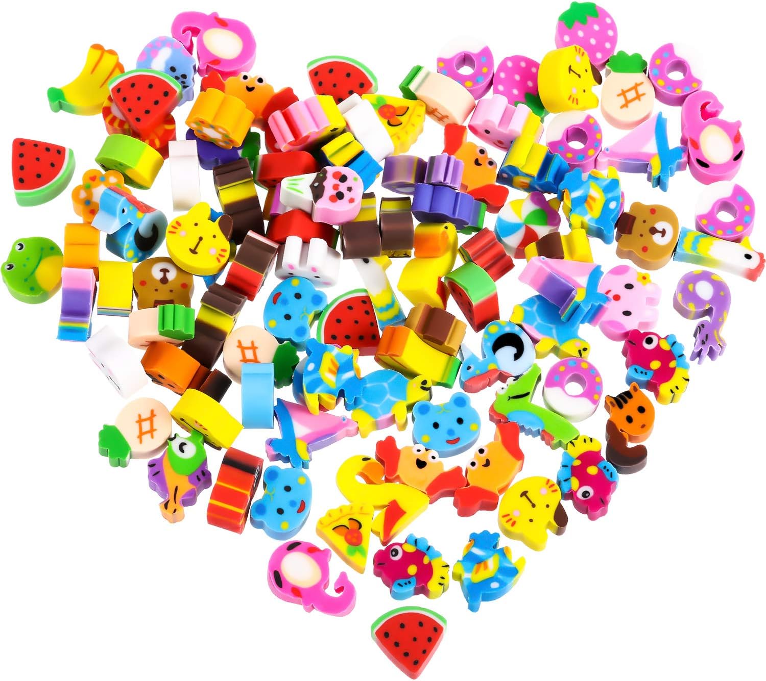 100 Pieces Different Shapes Cartoon Erasers for Kids