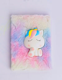 Colorful plush toy with a unicorn design on a light purple background
