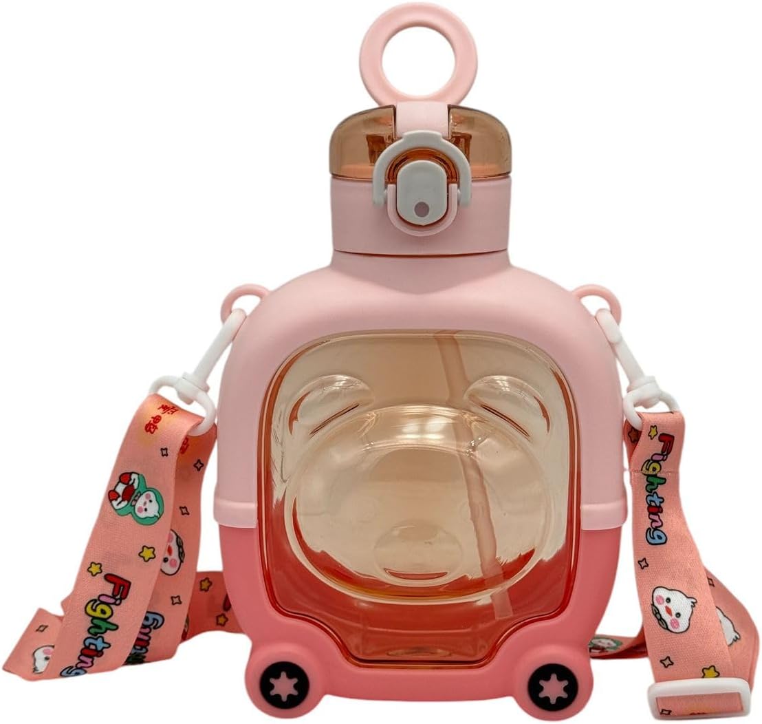 Cute Bear-Shaped Square Water Bottle with Straw and Strap (Kids Special)