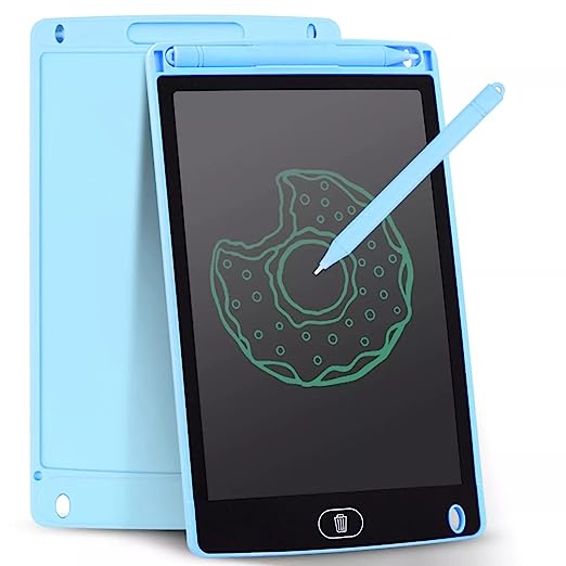 A 12-inch blue LCD writing tablet with a stylus, displaying a child's drawing of a donut on the screen.