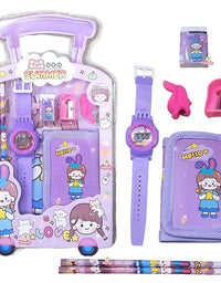 Children's stationery set with purple watch, pencil case, and stationery items in a suitcase-shaped packaging.
