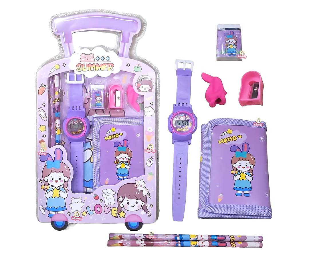 Children's stationery set with purple watch, pencil case, and stationery items in a suitcase-shaped packaging.