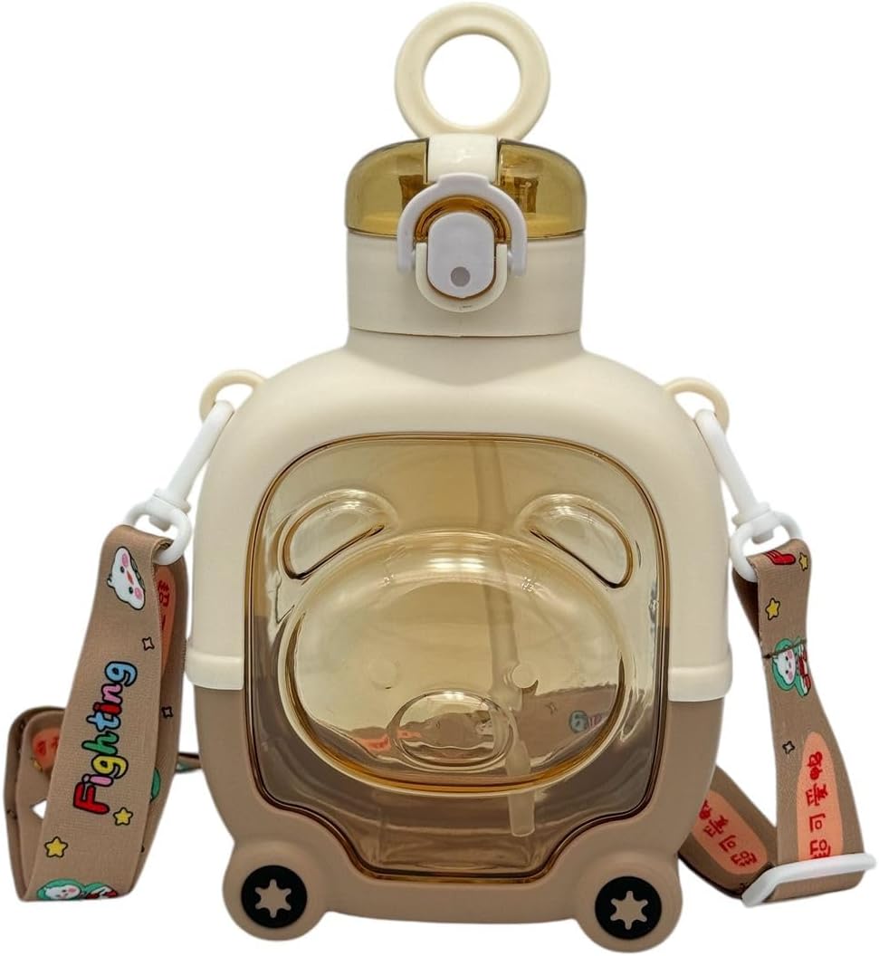Cute Bear-Shaped Square Water Bottle with Straw and Strap (Kids Special)