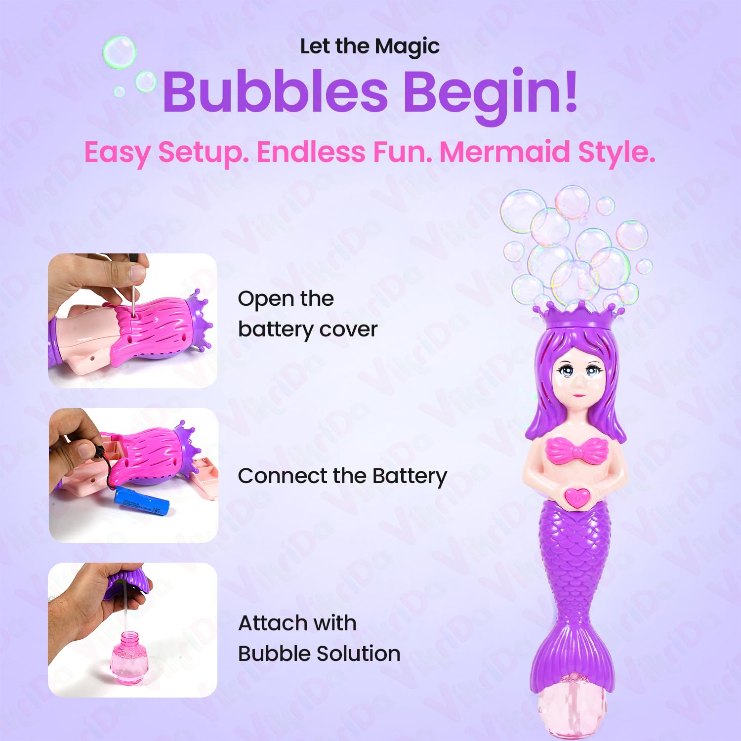 Mermaid Automatic Bubble Machine Toy for Kids – USB Rechargeable