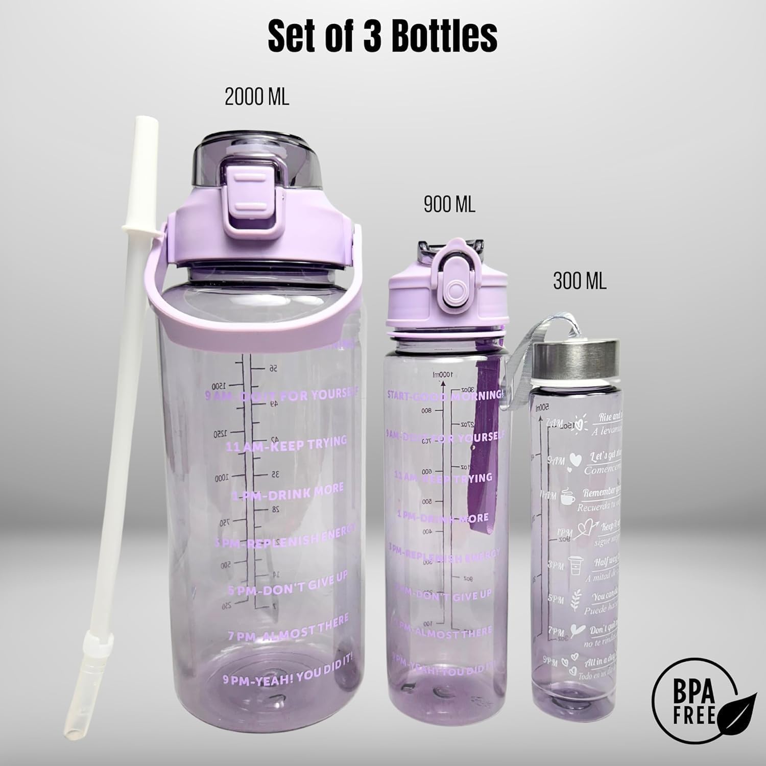 3 in 1 Transparent Water Bottle (2000ML, 900ML, 300ML with Motivational Design