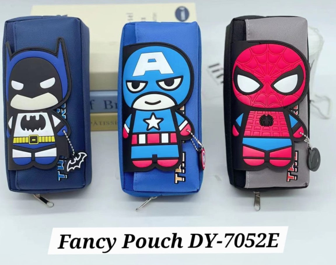 Three superhero-themed pouches on a white background with 'Fancy Pouch DY-7052E' text.