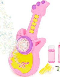 Pink toy guitar with bubble-making capabilities on a white background
