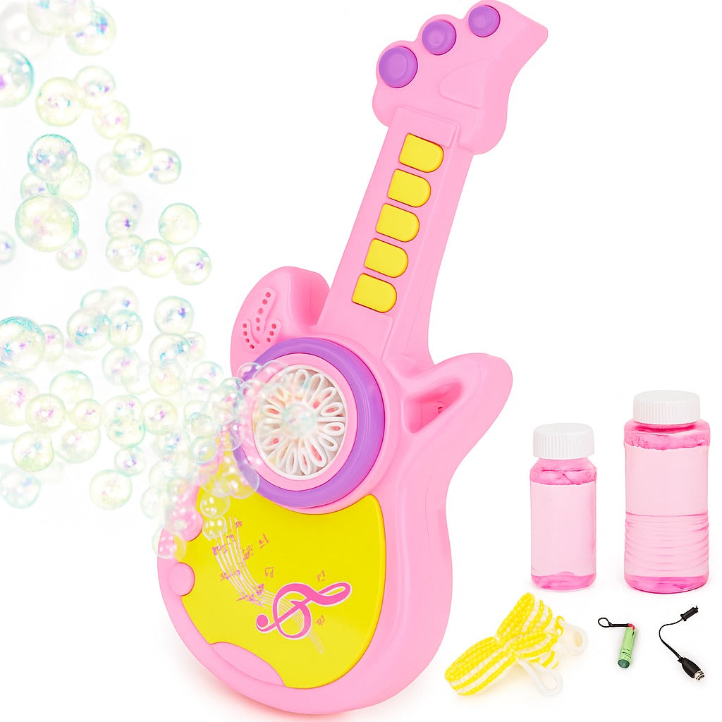 Pink toy guitar with bubble-making capabilities on a white background