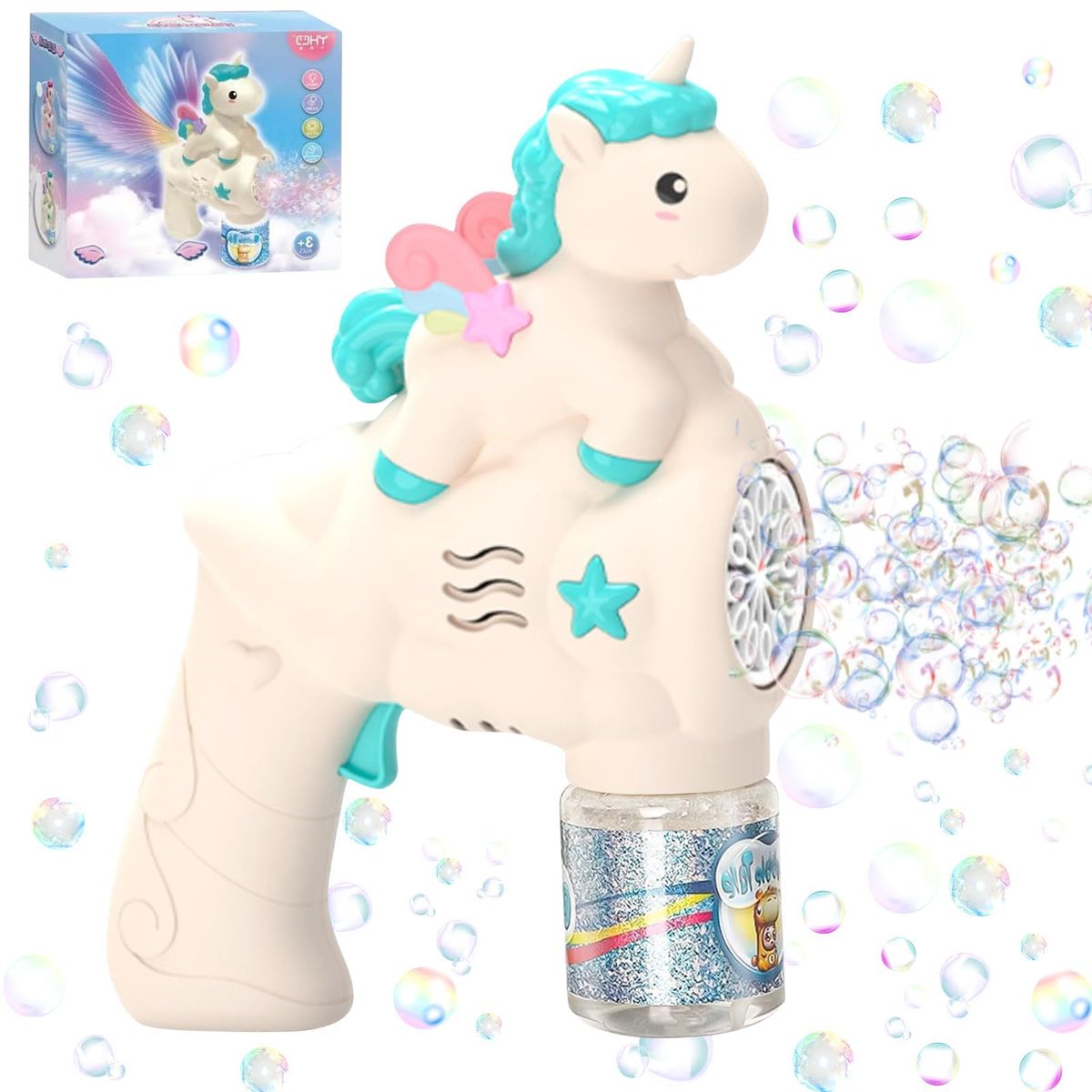 Unicorn-shaped bubble gun with colorful design, surrounded by bubbles on a white background.
