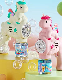 Two colorful bubble toys shaped like unicorns on a yellow platform with bubbles around.
