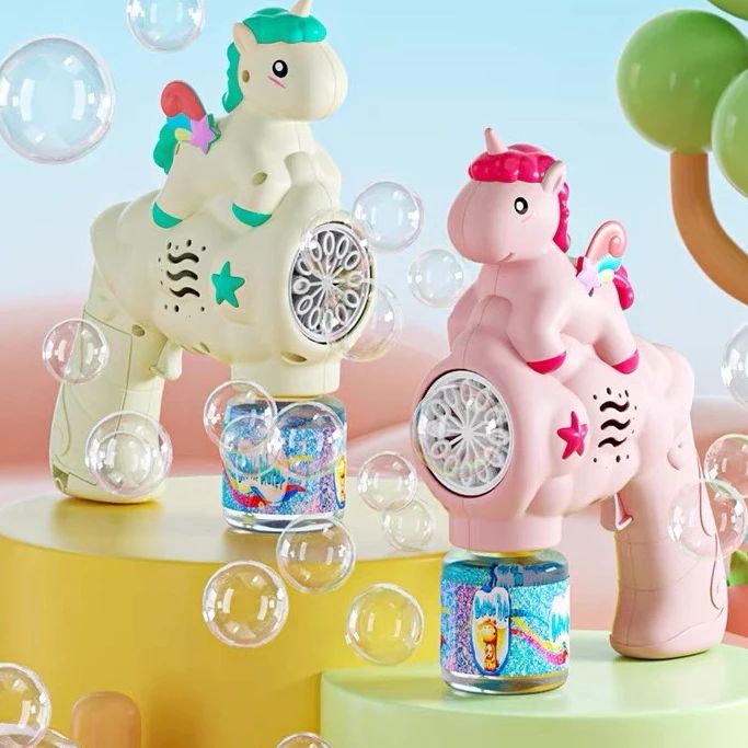Two colorful bubble toys shaped like unicorns on a yellow platform with bubbles around.
