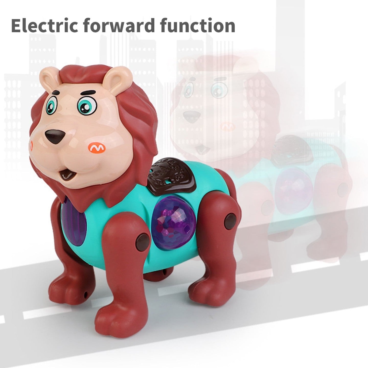 Toy lion with electric forward function on a white background