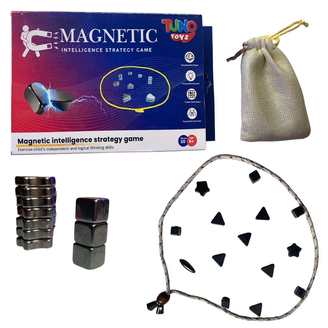 The image shows the components of a magnetic chess set which includes a rope, magnets, and a carry bag. The packaging is also visible with the product name and logo.