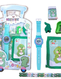 Children's watch set with dinosaur design in packaging on a white background
