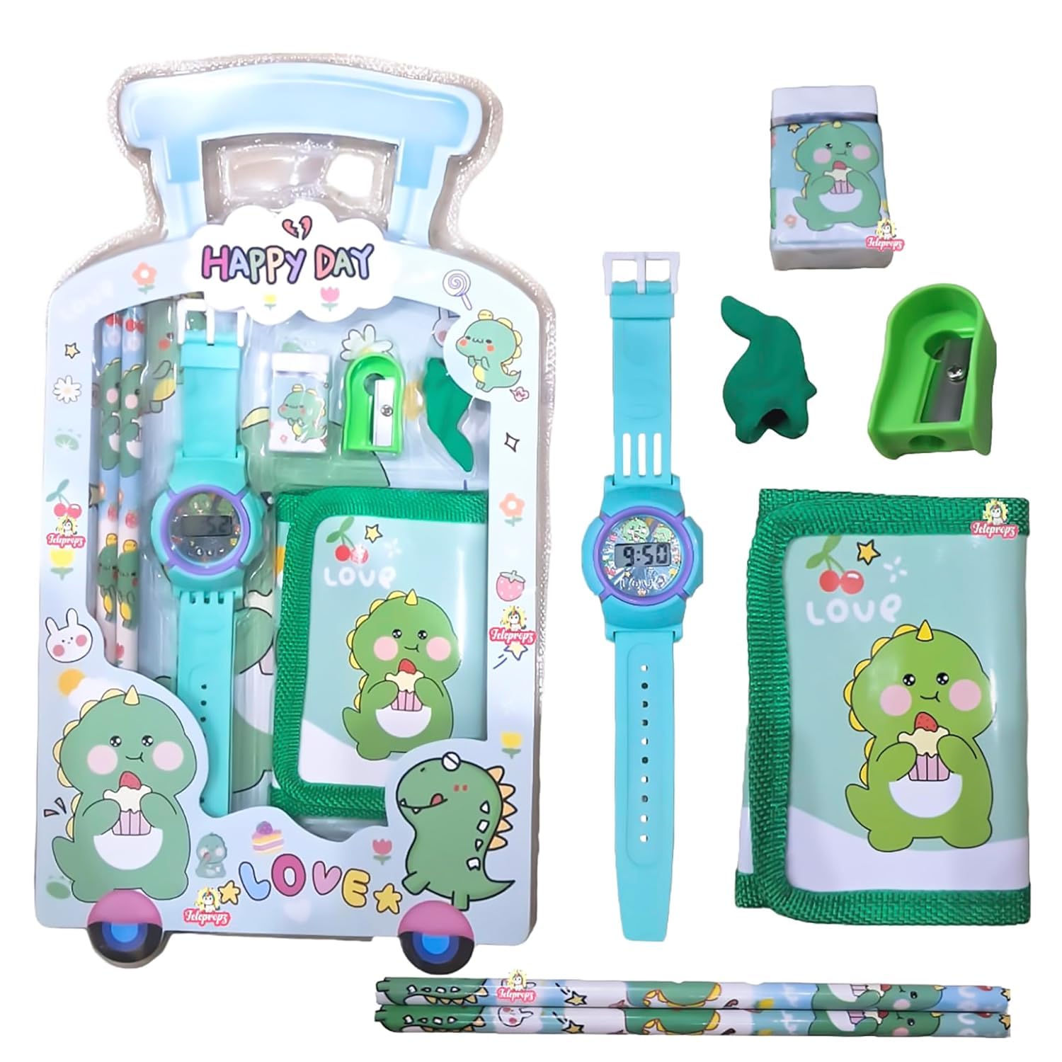 Children's watch set with dinosaur design in packaging on a white background