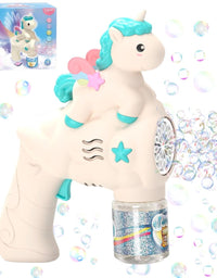 Unicorn-shaped bubble gun with colorful design, surrounded by bubbles on a white background.
