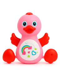 Pink toy duck with a white belly featuring colorful designs on a white background
