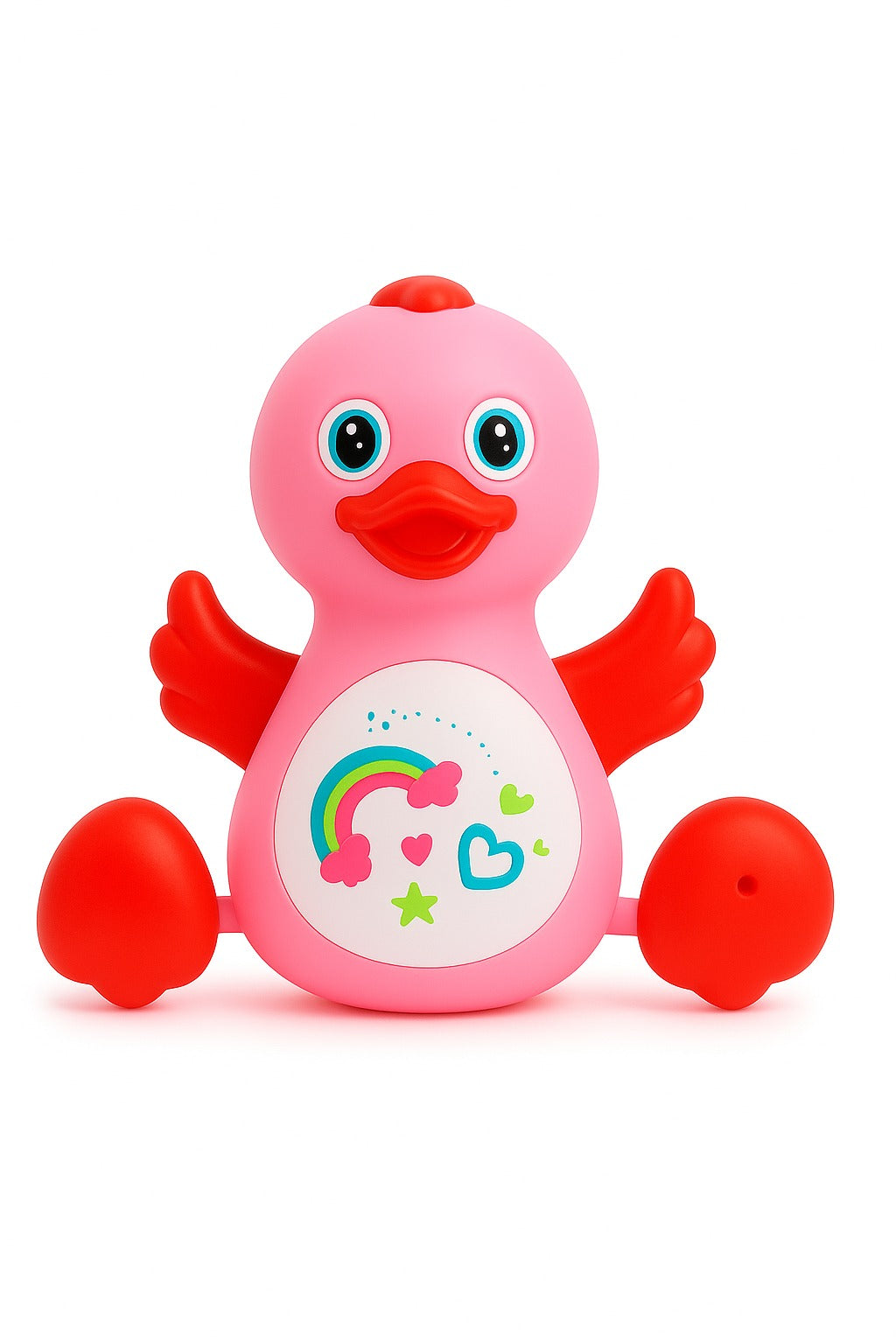 Pink toy duck with a white belly featuring colorful designs on a white background