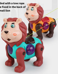 Two toy lions with a tow rope attached on a white background
