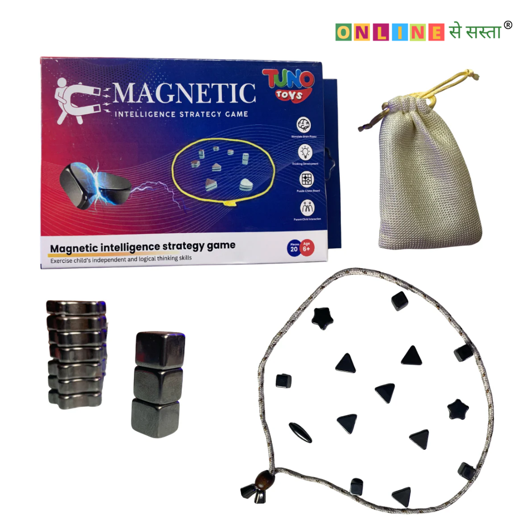 Magnetic intelligence strategy game set with packaging, magnetic pieces, and drawstring bag on a white background.