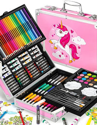 A deluxe art drawing colour suitcase kit set for kids, with a variety of art supplies visible, including pencils, paints, and brushes, presented in a space-themed case.
