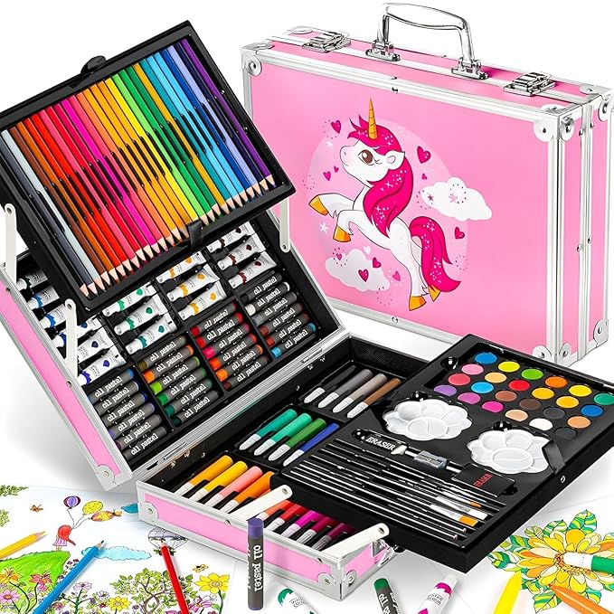 A deluxe art drawing colour suitcase kit set for kids, with a variety of art supplies visible, including pencils, paints, and brushes, presented in a space-themed case.