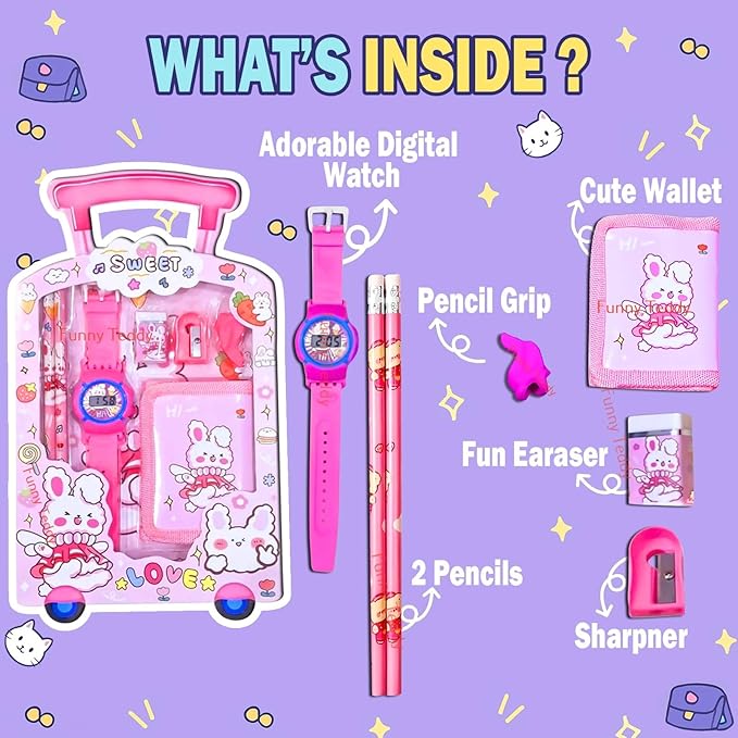 Set of stationery items including a digital watch, wallet, pencil grip, eraser, and sharpener on a purple background with text indicating contents.