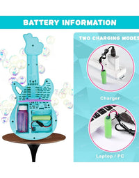 Guitar-shaped bubble machine with charging information on a blue background
