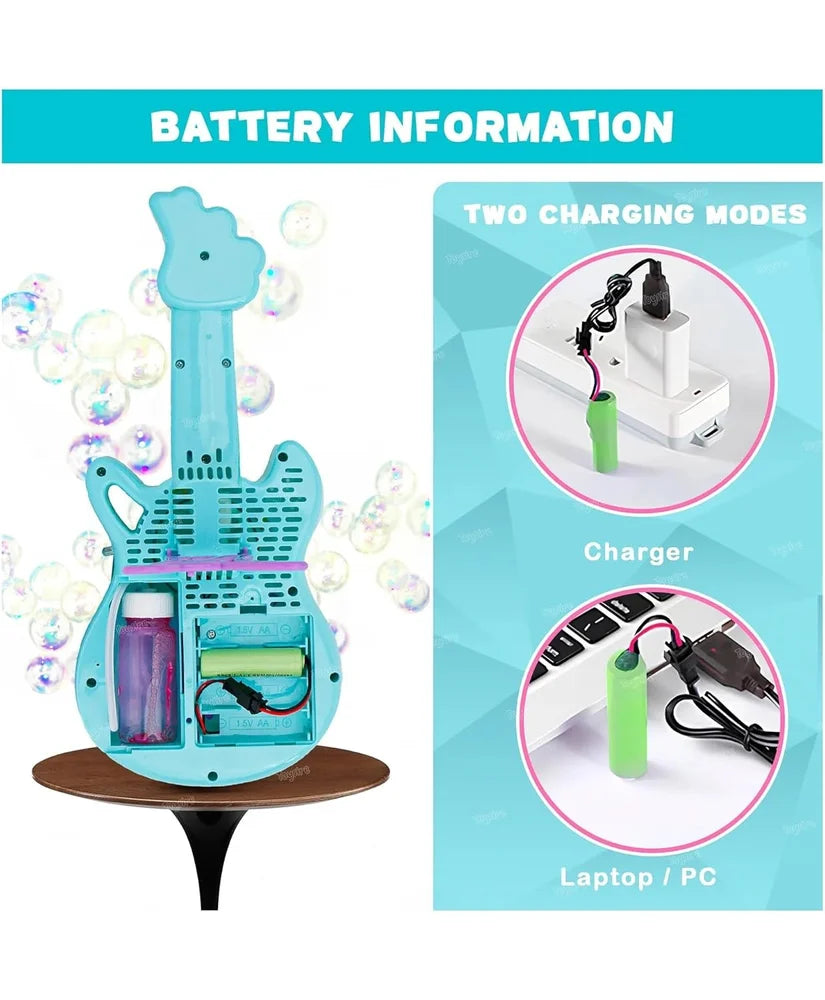 Guitar-shaped bubble machine with charging information on a blue background