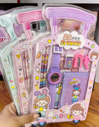 Packaged children's watch and accessories with cartoon design on a wooden surface.
