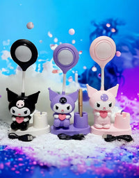 Three colorful character figurines with stand bases on a blue and purple gradient background.
