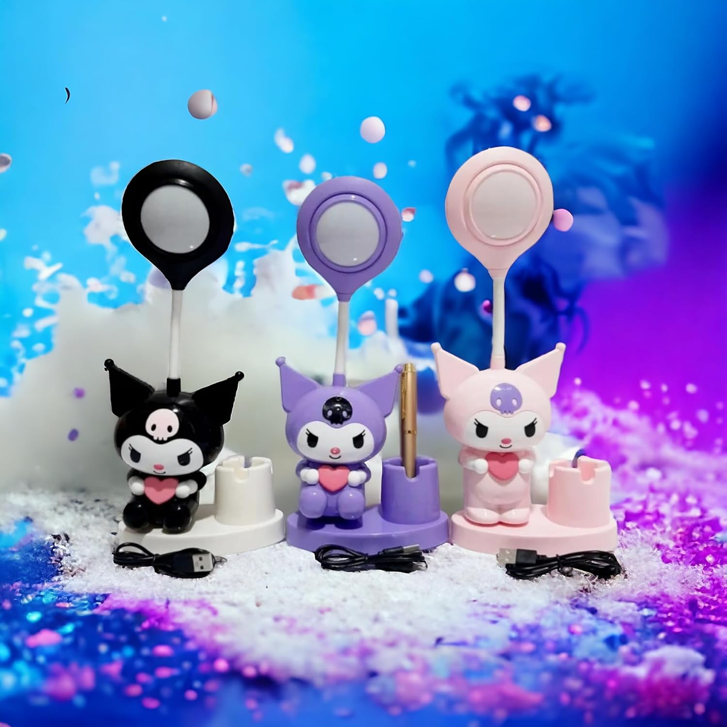 Three colorful character figurines with stand bases on a blue and purple gradient background.