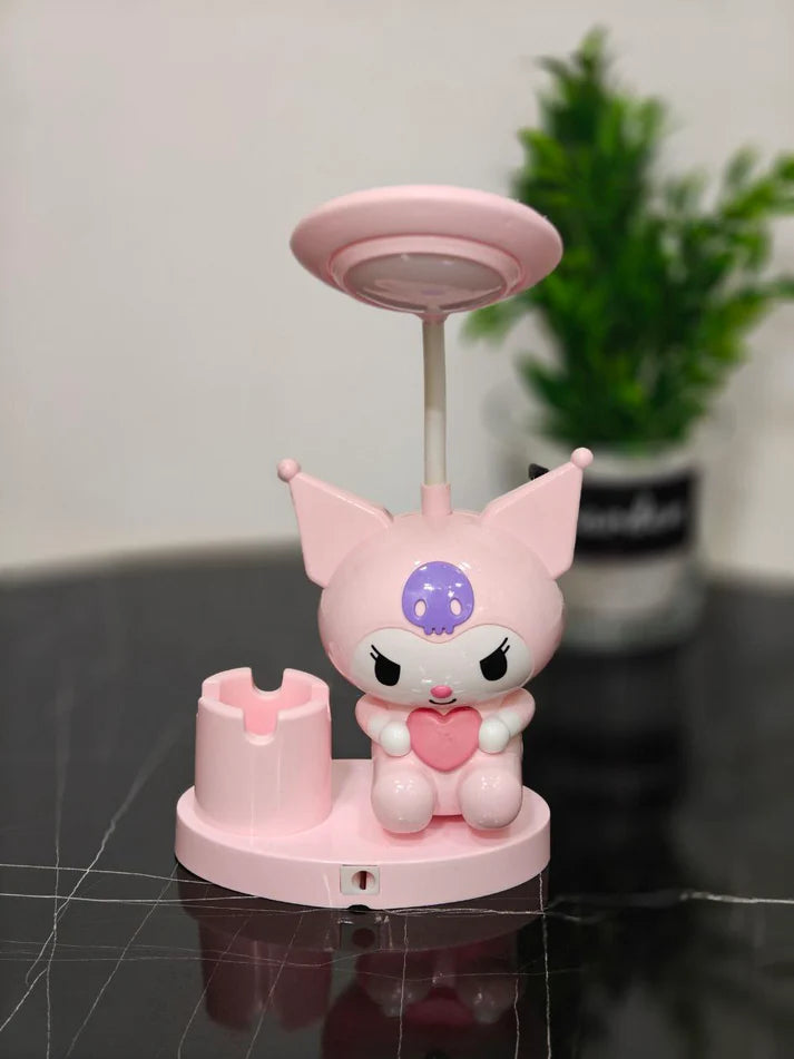 Pink cartoon character with a heart on a stand against a neutral background