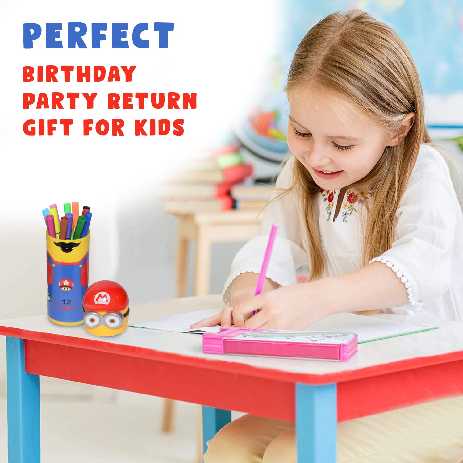 Minions Shaped Sketch Pen-Pencil Box Included with 12 Sketch Pen Set for School Kids (Multicolor)
