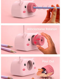 Pig-shaped pencil sharpener with step-by-step usage instructions on a pink background
