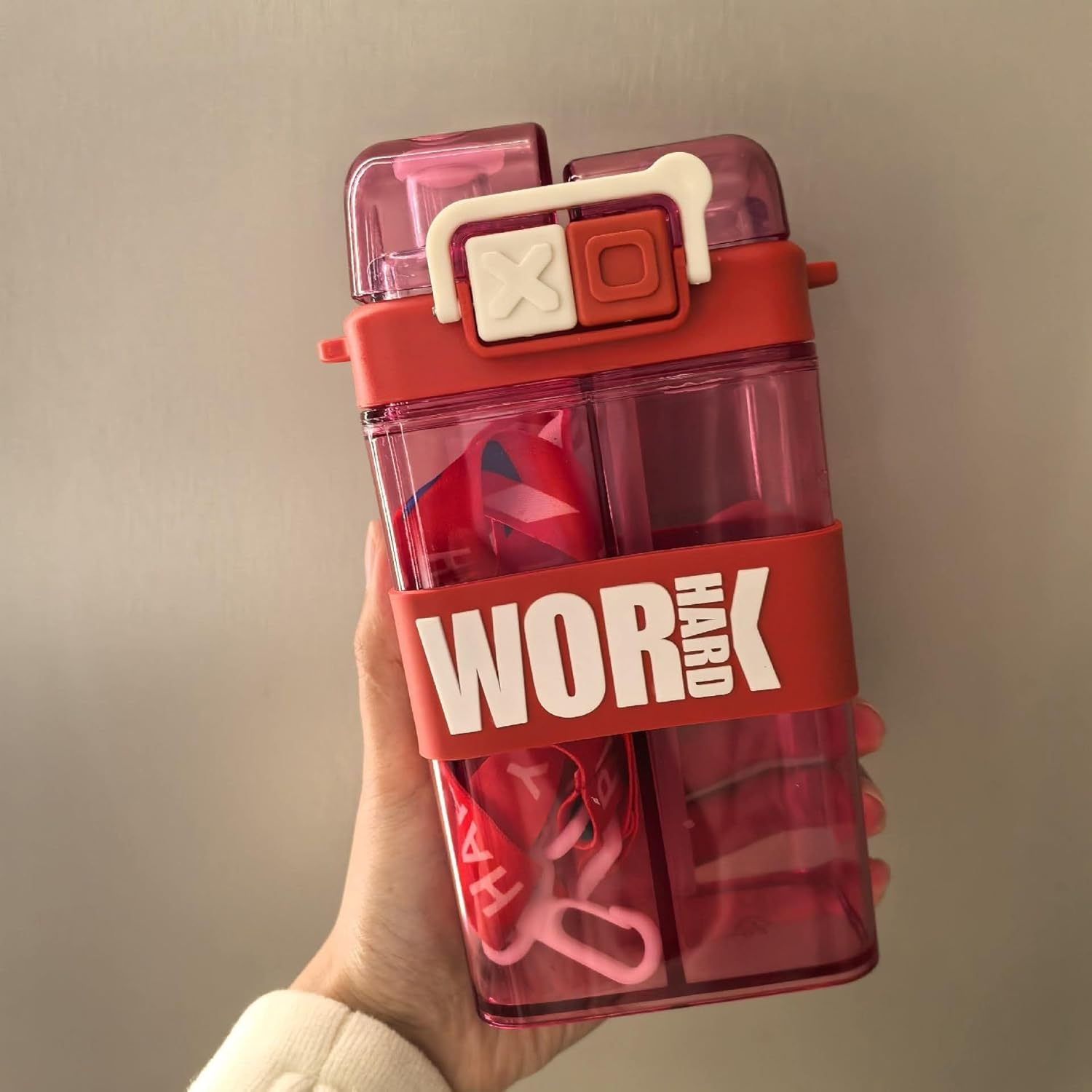 2 In 1 Double Drinking Water Bottle – 500ml Square Bottle with Strap & Silicone Straw