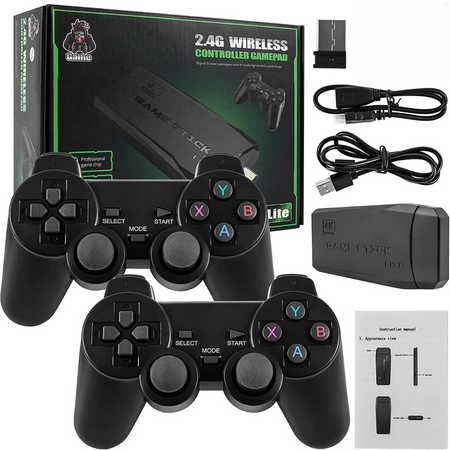The image shows a black 2.4G wireless retro TV game controller set which includes the game console, two wireless controllers, a charging adapter, and cables.