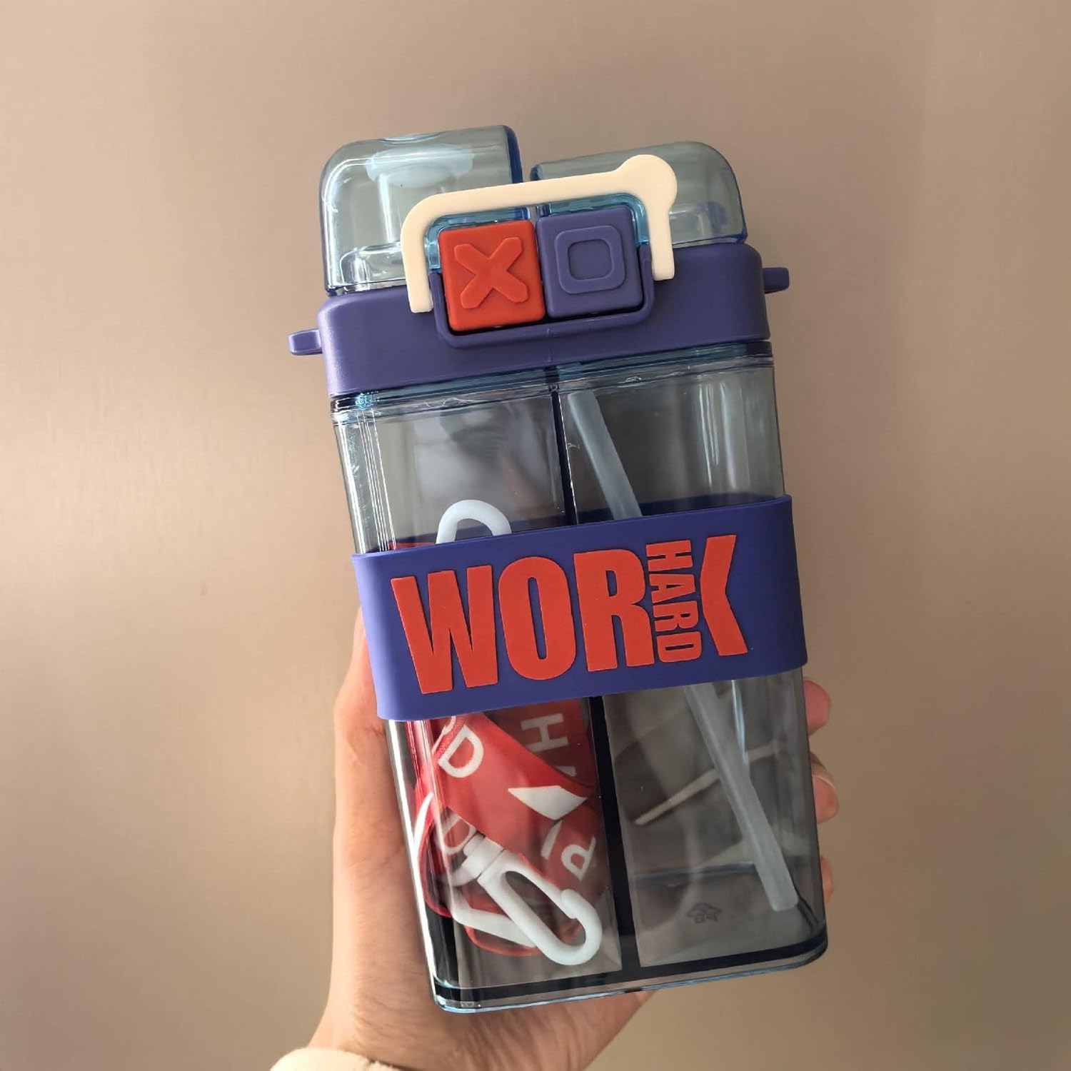 2 In 1 Double Drinking Water Bottle – 500ml Square Bottle with Strap & Silicone Straw