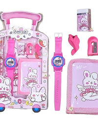 Pink children's watch and accessories set with packaging on a white background
