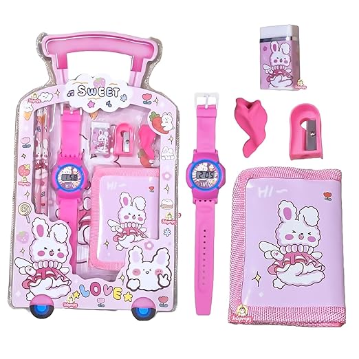 Pink children's watch and accessories set with packaging on a white background