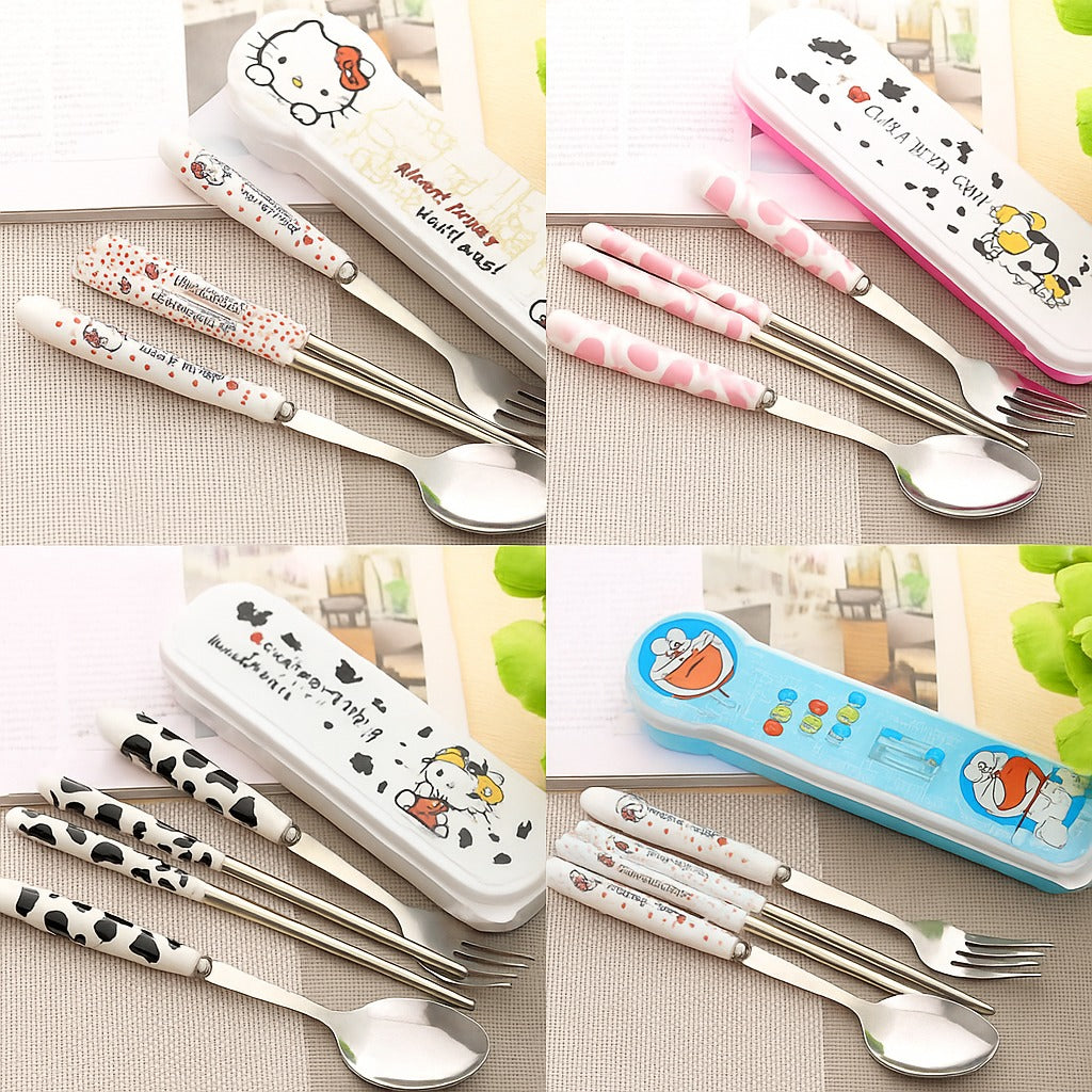Portable Stainless Steel Cutlery Set – Spoon, Fork & Chopsticks with Case