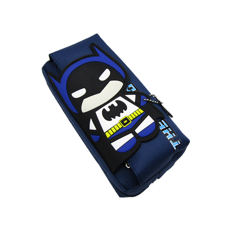 Blue superhero-themed bag with a prominent logo on a white background