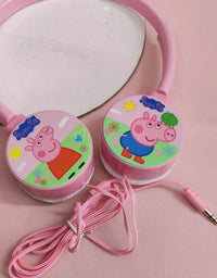 Pink children's headphones with Peppa Pig characters on a pink background

