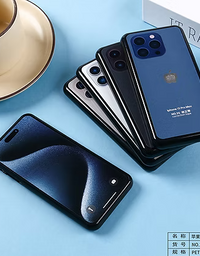 Stack of smartphones on a blue surface with a cup and saucer in the background
