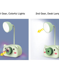 Two views of a green toy camera with a lamp attachment, one showing colorful lights and the other as a desk lamp.
